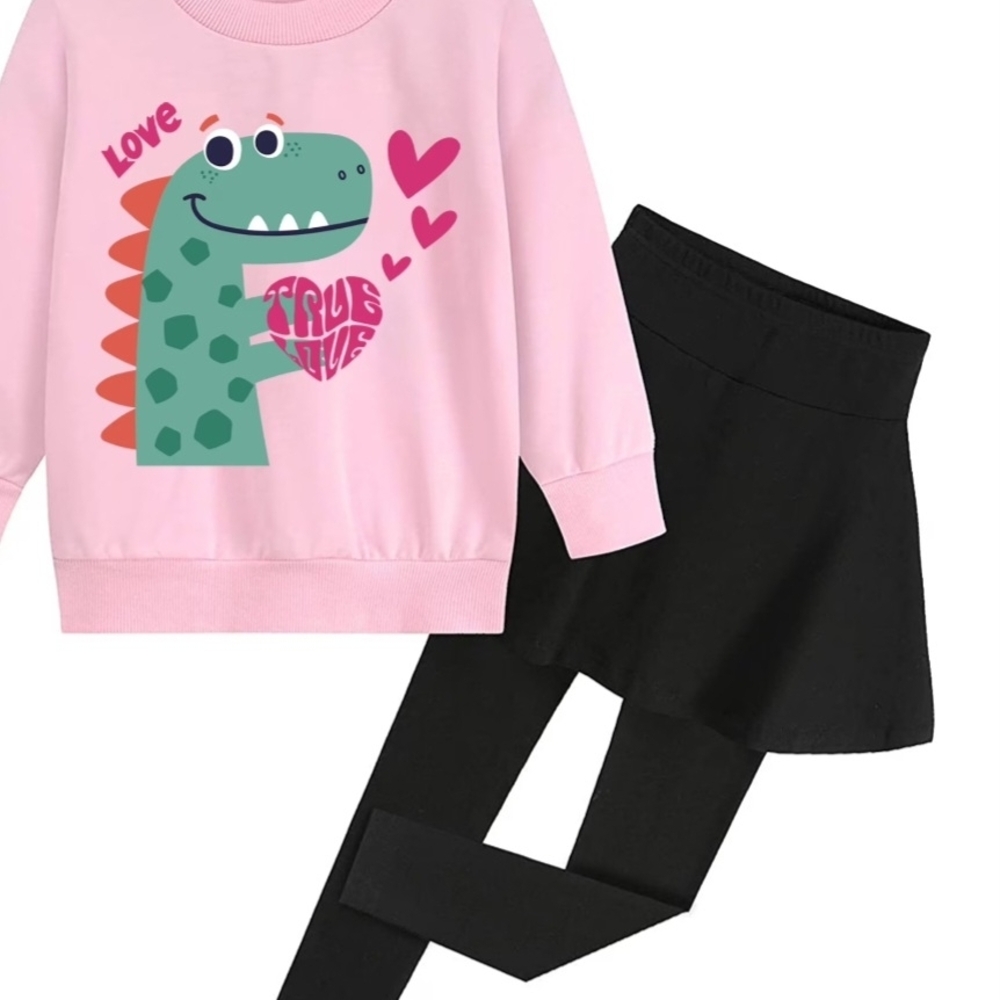 Feb - Pink Dinosaur Sweatshirt and Black Skirt Leggings Set